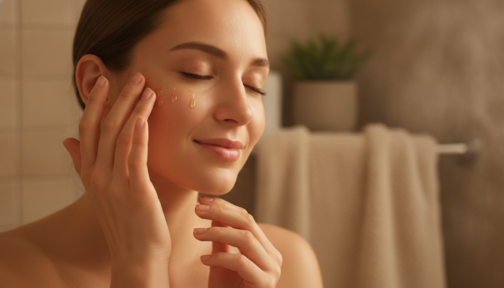 A woman gently massaging the DIY collagen oil onto her face showing a relaxed and happy expression in a well-lit bathroo
