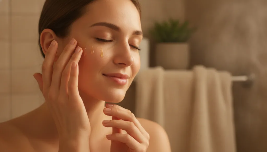 A woman gently massaging the DIY collagen oil onto her face showing a relaxed and happy expression in a well-lit bathroo