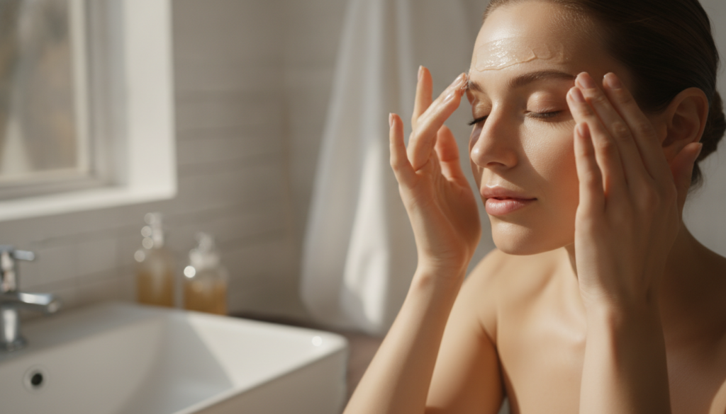 A woman gently applying a small amount of warmed Vaseline to her face focusing on areas like the forehead or around the 