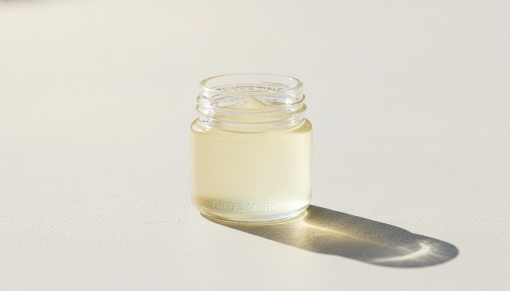 A jar of Vaseline petroleum jelly on a simple clean background with a soft glow suggesting youthfulness and natural beau