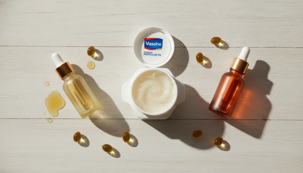 Various ingredients laid out on a clean surface including a tub of Vaseline a bottle of sweet almond oil a bottle of ros