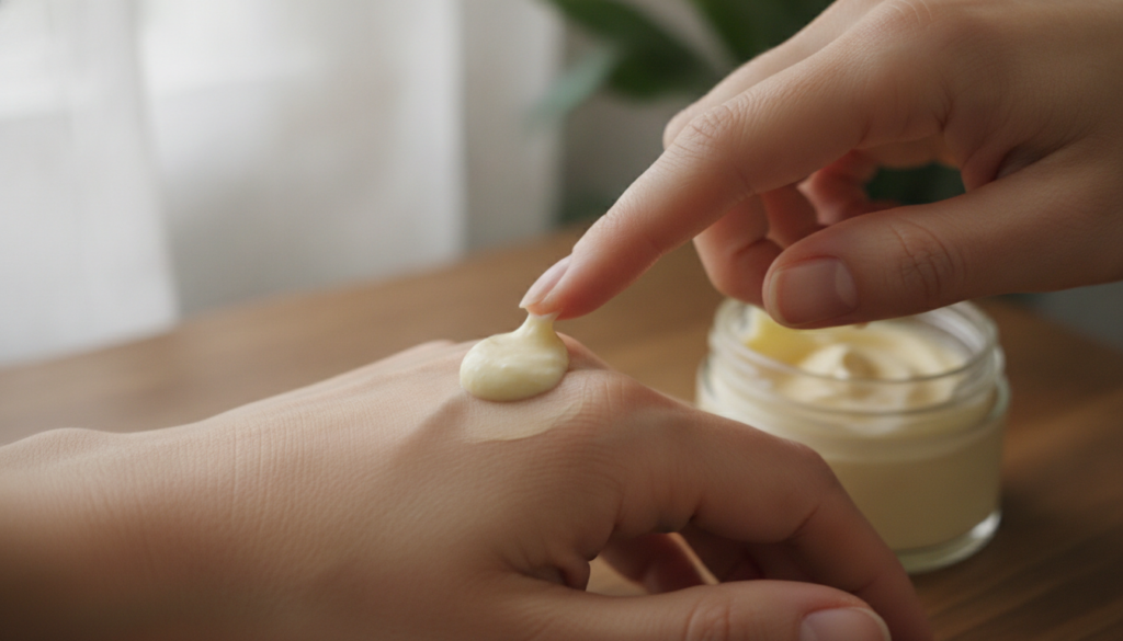 A small elegant jar of the finished DIY collagen cream with a hand gently applying a small amount to the back of another