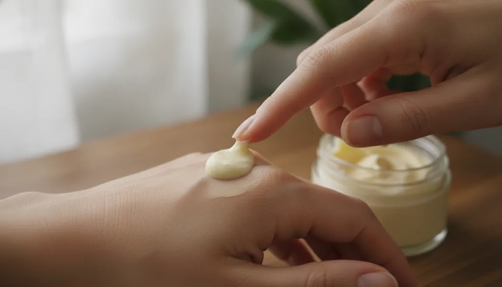 A small elegant jar of the finished DIY collagen cream with a hand gently applying a small amount to the back of another