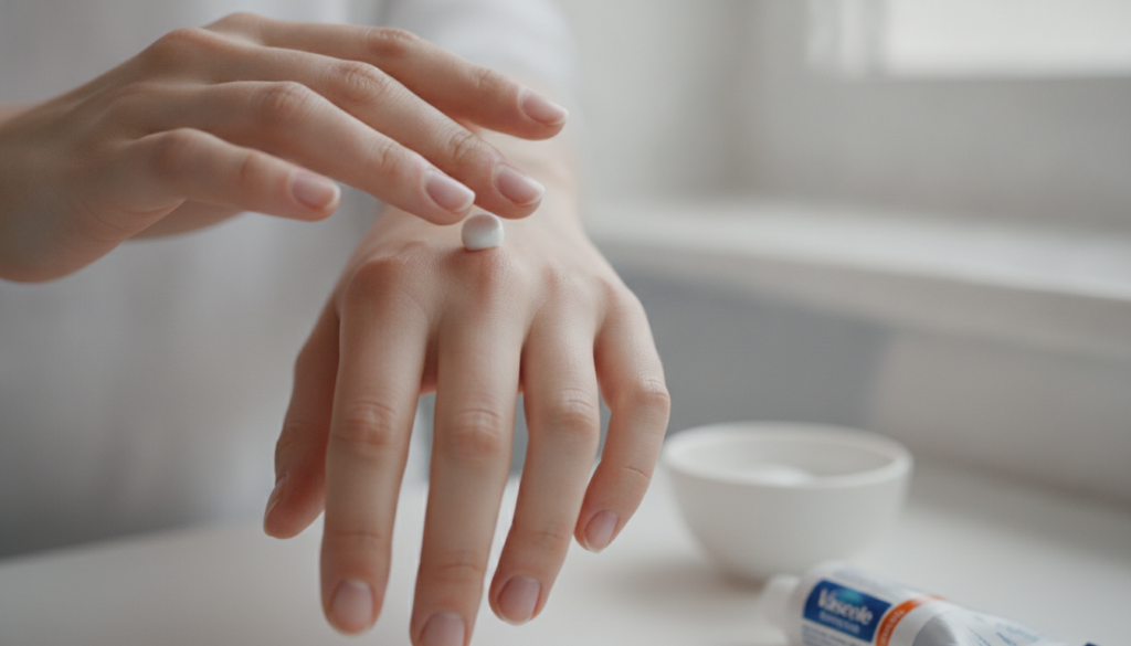 A woman gently dabbing a tiny amount of the white Vaseline and baking soda paste onto the back of her hand for a patch t