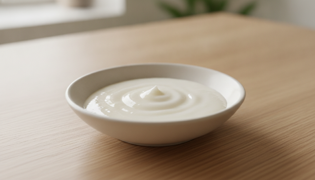 A small clean non-metallic bowl containing a smooth creamy white paste made from Vaseline and baking soda
