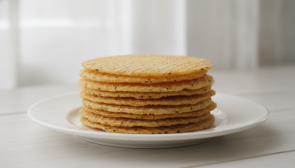 A stack of delicate golden vanilla bean wafers on a clean white plate Visible specks of vanilla bean are present in the 