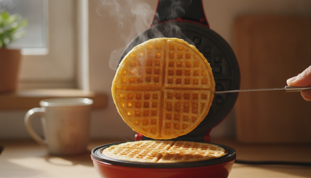 A freshly cooked golden-brown wafer being lifted from a hot wafer maker showing steam The wafer is perfectly round and c