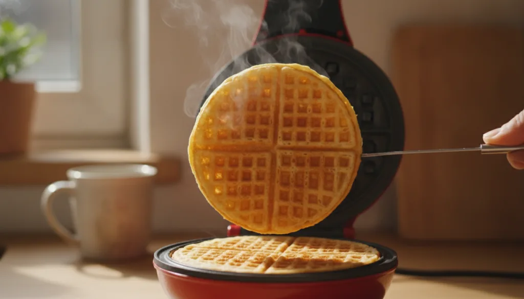 A freshly cooked golden-brown wafer being lifted from a hot wafer maker showing steam The wafer is perfectly round and c