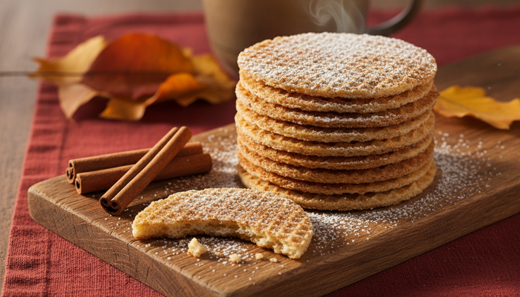 A stack of cinnamon-dusted golden wafers with a sprinkle of cinnamon stick next to them on a wooden board Autumnal light