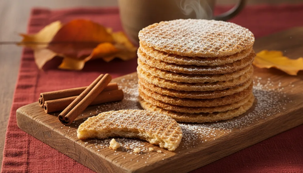 A stack of cinnamon-dusted golden wafers with a sprinkle of cinnamon stick next to them on a wooden board Autumnal light