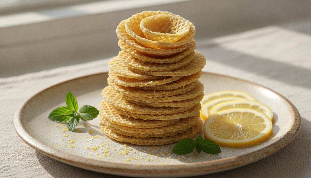 A stack of delicate golden wafers with visible lemon zest garnished with fresh lemon slices and mint on a light backgrou