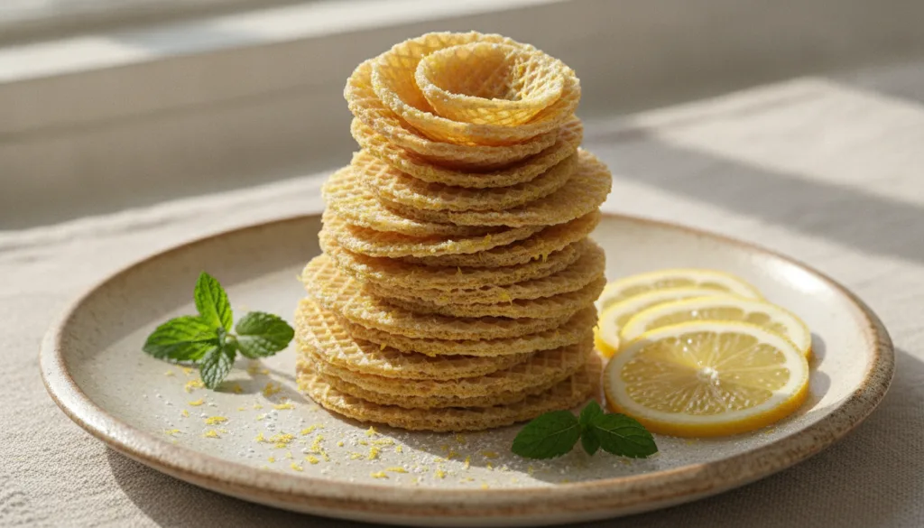 A stack of delicate golden wafers with visible lemon zest garnished with fresh lemon slices and mint on a light backgrou