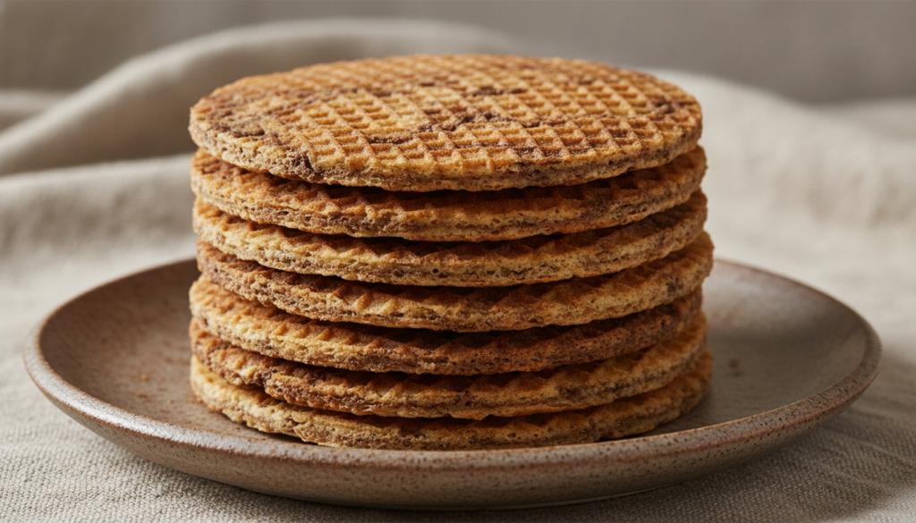 Golden wafers with distinct cocoa swirls stacked on a plate The swirls create an artistic pattern Bright inviting light