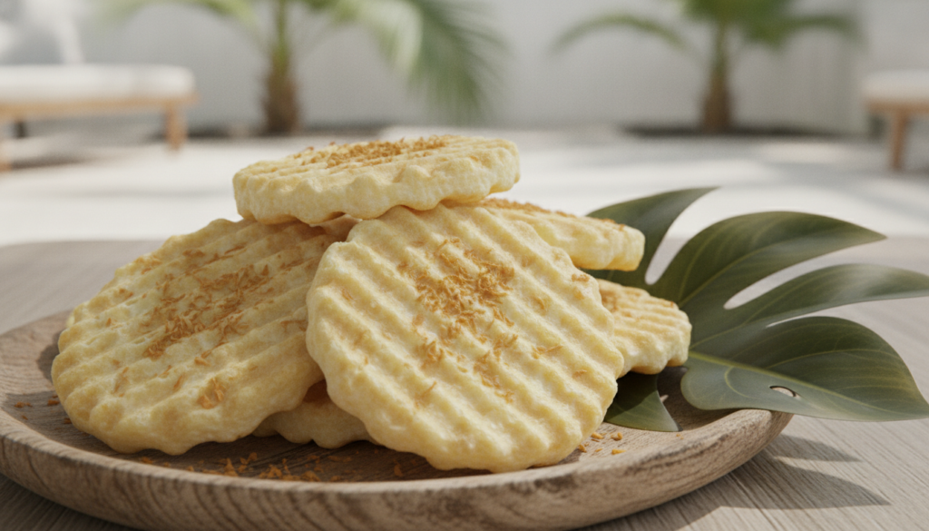 A stack of light golden wafers made with coconut milk garnished with shredded coconut and a few tropical leaves on a rus