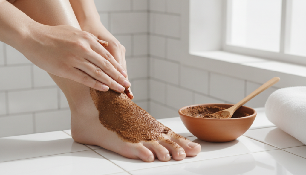 A person applying a dark thick paste evenly onto their foot with a small bowl of the paste visible nearby The setting is