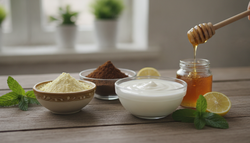 Ingredients for the tan removal pack laid out a bowl of gram flour a small bowl of coffee powder a container of plain yo