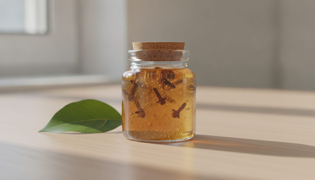 A small clear glass jar filled with the prepared clove and gelatin gel looking smooth and amber-colored placed on a vani
