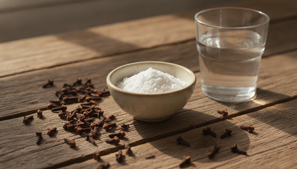 A close-up of whole dried cloves on a wooden surface next to a small bowl of unflavored gelatin powder and a glass of wa
