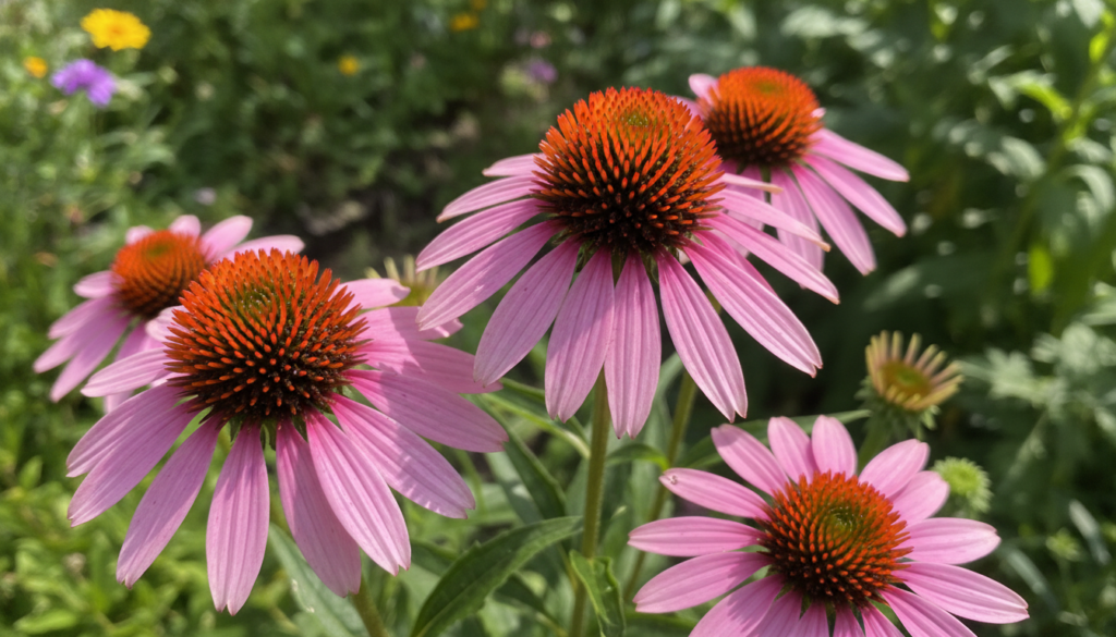 A close-up of vibrant pink coneflower blossoms in a sunny garden