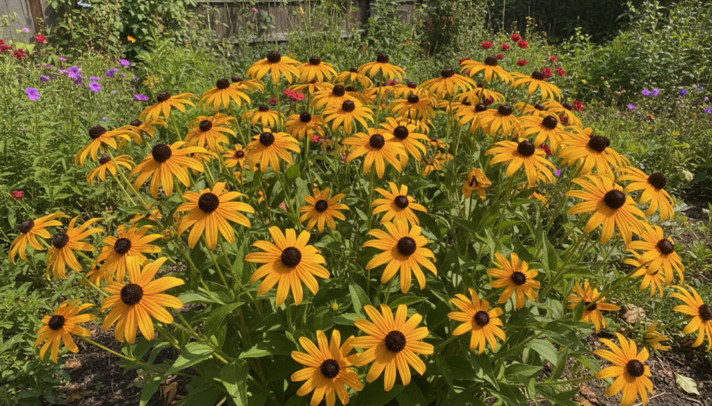 Bright yellow black-eyed susan flowers with dark centers in a sunny garden