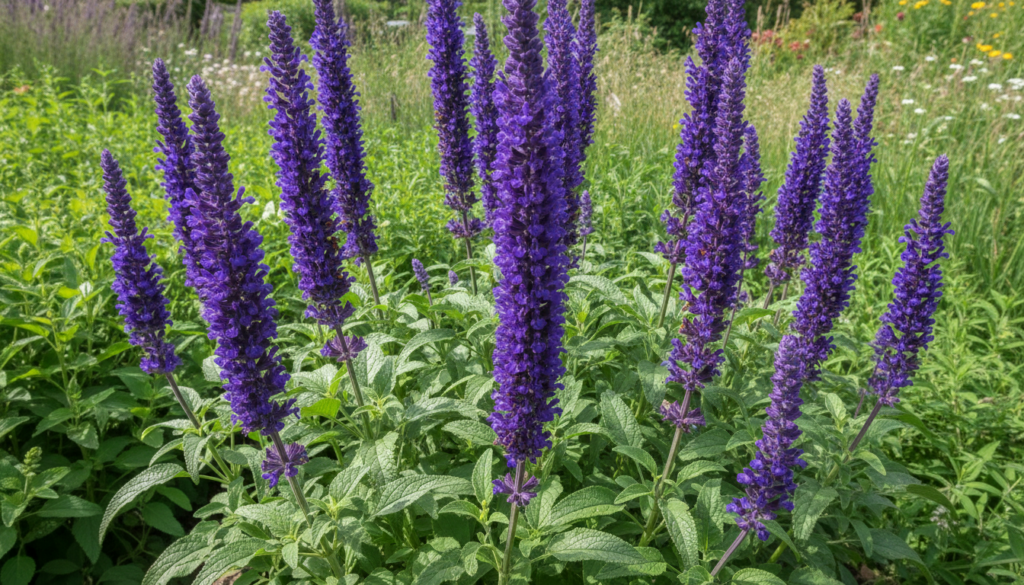 Spikes of purple salvia flowers blooming in a garden bed