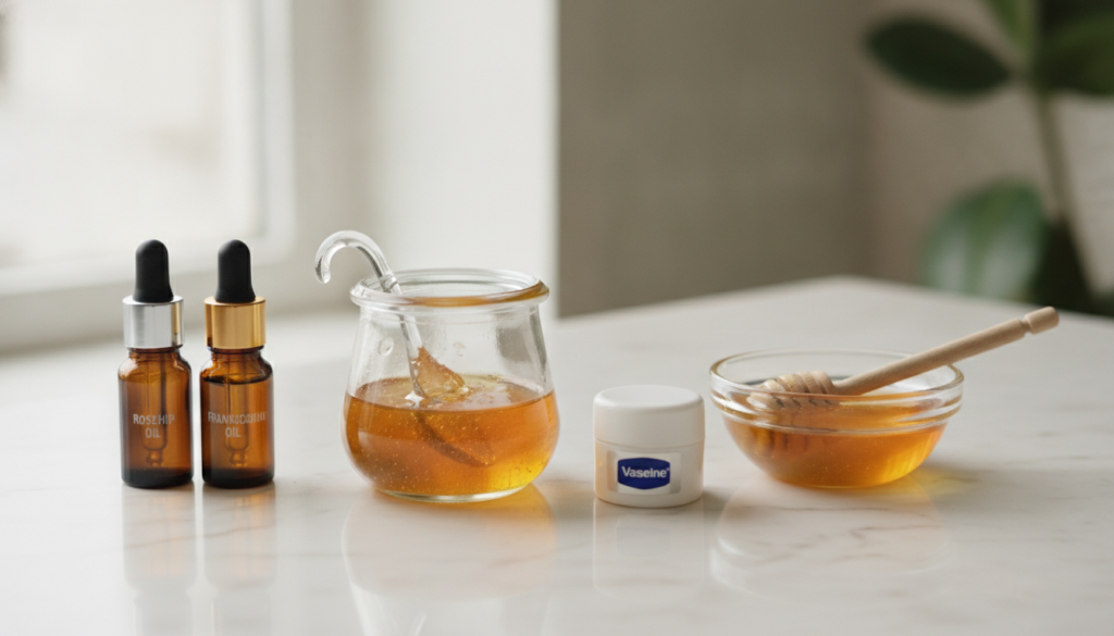 A small elegant glass jar filled with a golden-hued gel Beside it a spoonful of pure honey a small tub of Vaseline and t