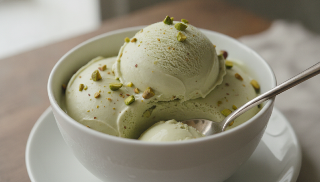 A close-up of a bowl of creamy pistachio ice cream with a spoon highlighting its smooth texture and bits of green pistac