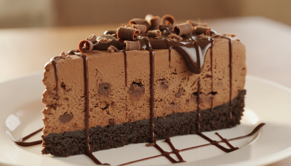 A decadent slice of chocolate fudge no-bake frozen dessert with a dark chocolate swirl on a white plate garnished with c