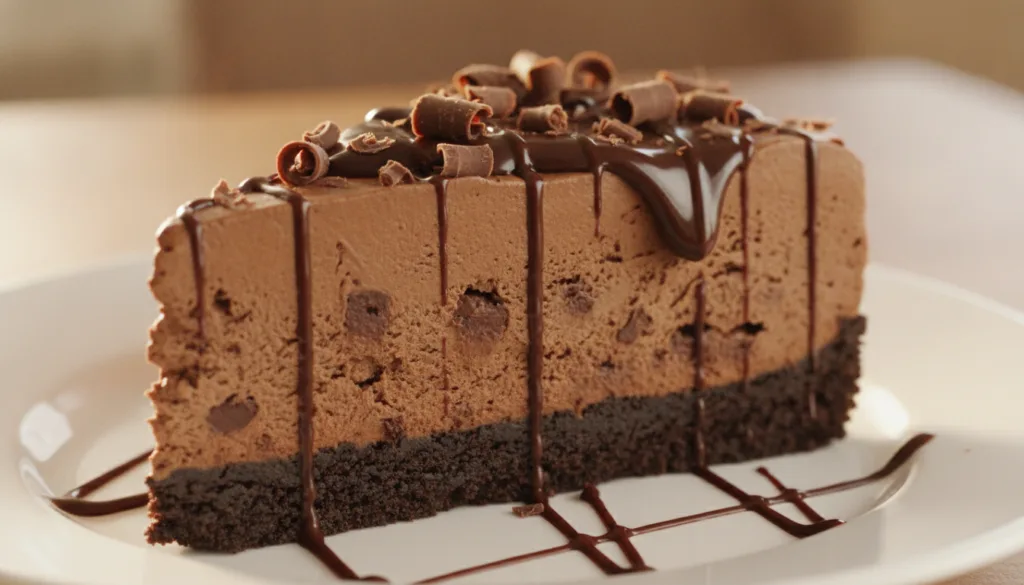 A decadent slice of chocolate fudge no-bake frozen dessert with a dark chocolate swirl on a white plate garnished with c