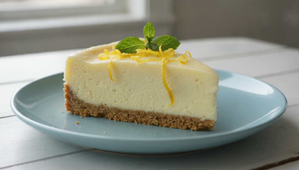 A slice of refreshing lemon cheesecake no-bake frozen dessert showing a golden crust and a creamy lemon-yellow filling g