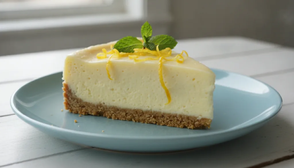 A slice of refreshing lemon cheesecake no-bake frozen dessert showing a golden crust and a creamy lemon-yellow filling g