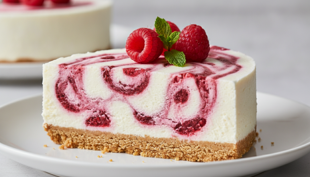 A slice of raspberry swirl no-bake frozen dessert showing distinct layers of biscuit base creamy filling and raspberry s