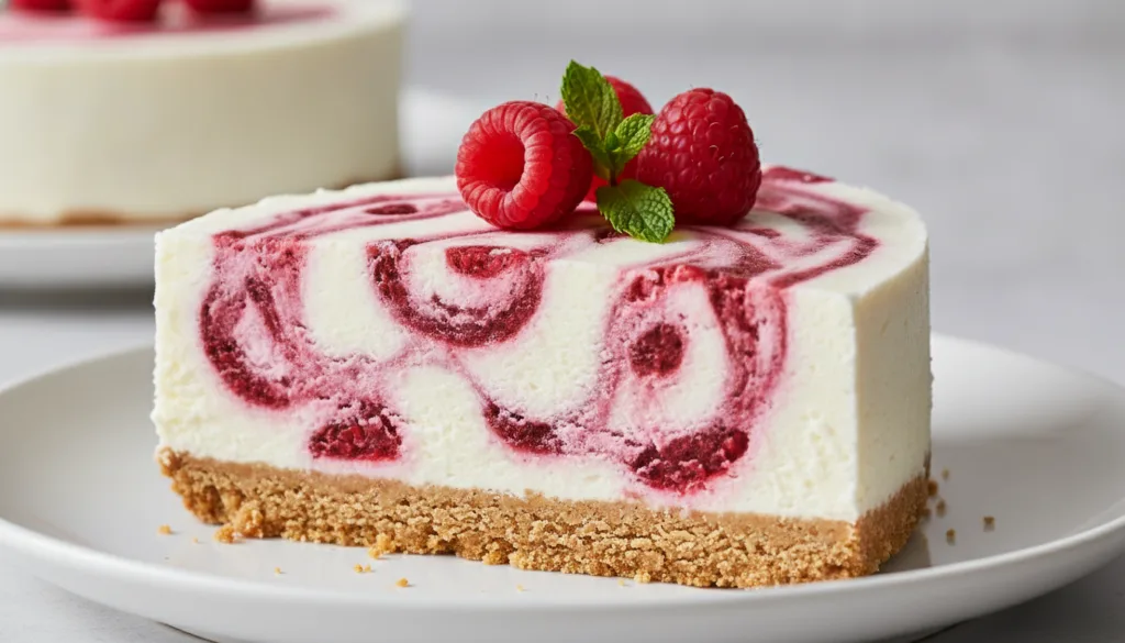 A slice of raspberry swirl no-bake frozen dessert showing distinct layers of biscuit base creamy filling and raspberry s