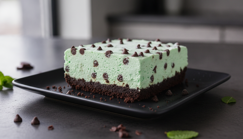 A slice of mint chip no-bake frozen dessert with a dark cookie crust and a pale green creamy filling speckled with mini 