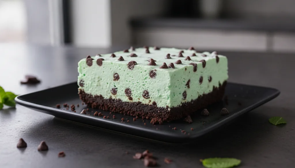 A slice of mint chip no-bake frozen dessert with a dark cookie crust and a pale green creamy filling speckled with mini 