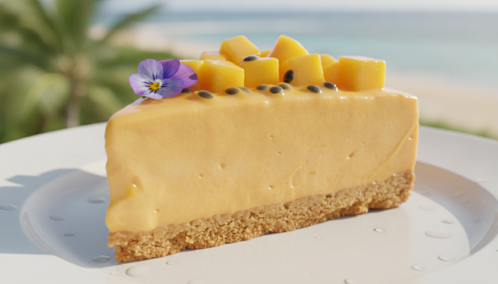 A colorful slice of tropical mango no-bake frozen dessert with a light crust and a bright orange creamy mango filling ga