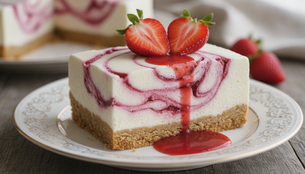 A slice of strawberry swirl no-bake frozen dessert with layers of biscuit and creamy pink swirls garnished with fresh st