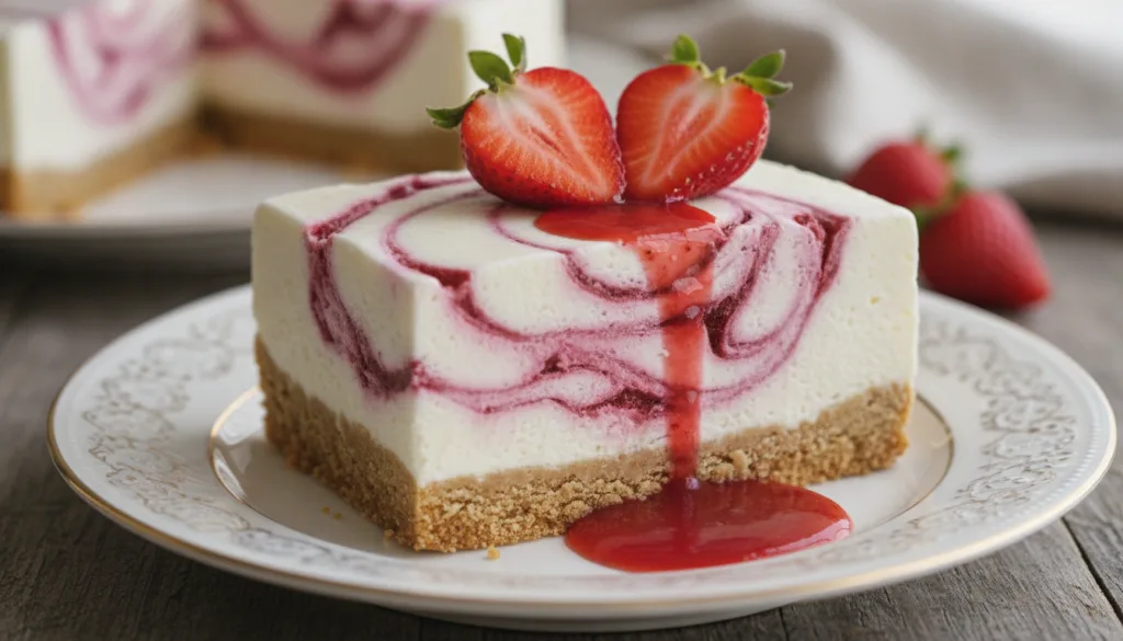 A slice of strawberry swirl no-bake frozen dessert with layers of biscuit and creamy pink swirls garnished with fresh st