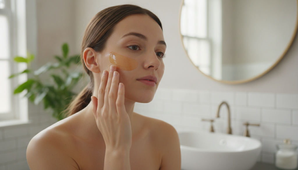 A woman gently applying a yellow turmeric and Vaseline mask to her cheek in a well-lit bathroom