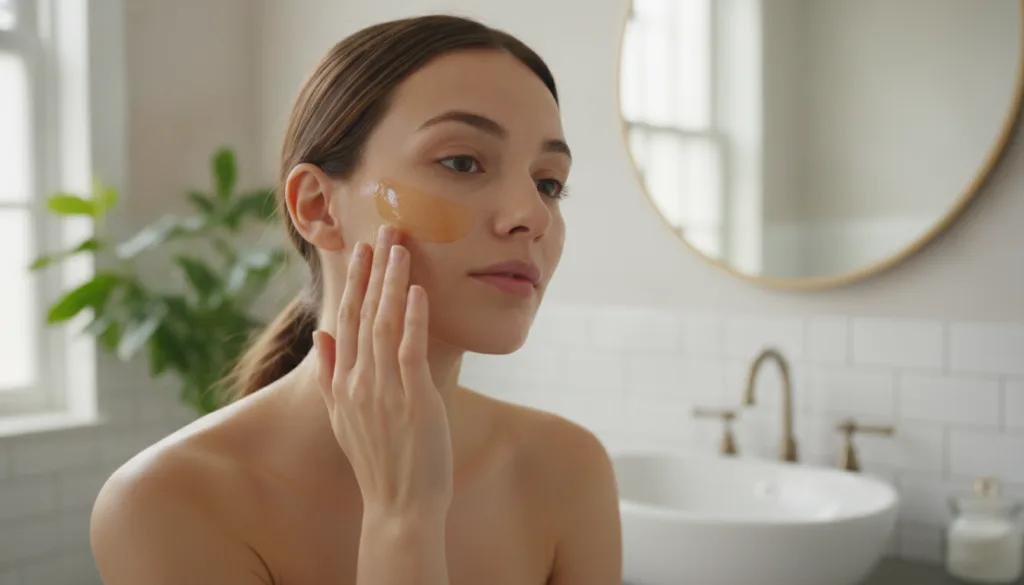 A woman gently applying a yellow turmeric and Vaseline mask to her cheek in a well-lit bathroom