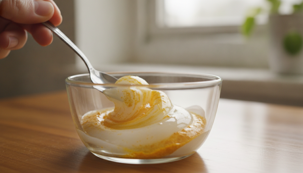 Close-up of a hand mixing Vaseline and turmeric powder in a small bowl with a spoon