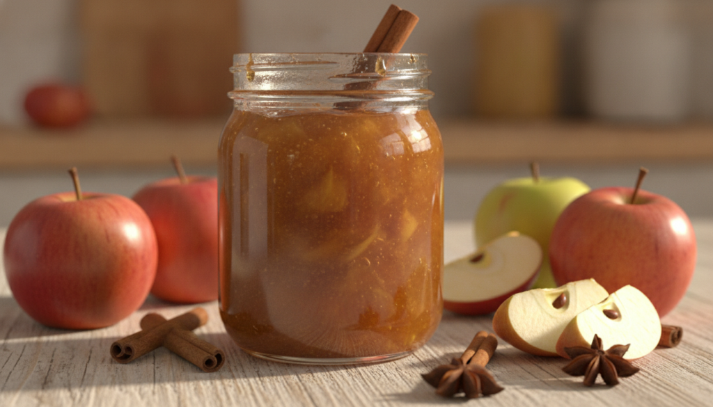 A jar of golden brown apple jam with a cinnamon stick surrounded by fresh whole and sliced apples