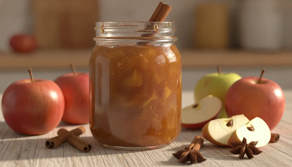 A jar of golden brown apple jam with a cinnamon stick surrounded by fresh whole and sliced apples