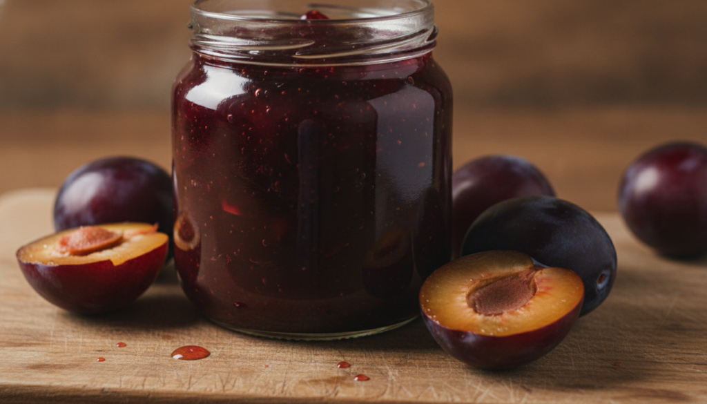 A jar of rich purple plum jam with fresh whole and halved plums arranged around it