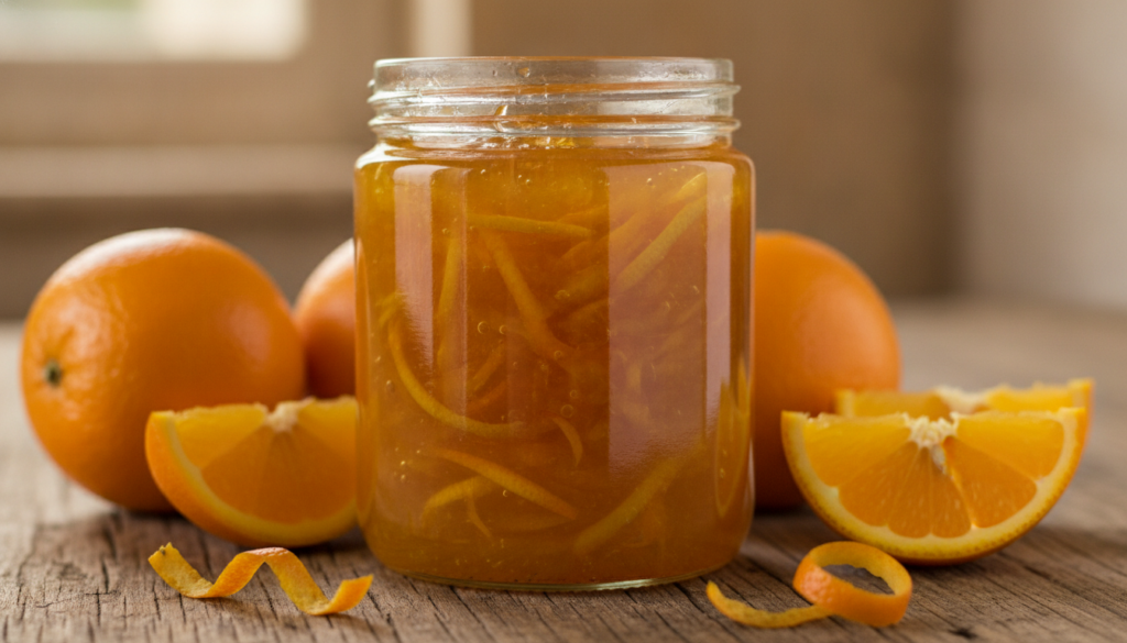 A jar of glistening orange marmalade with thin orange peel pieces visible surrounded by fresh whole and sliced oranges