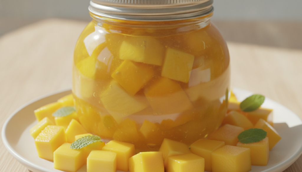 A jar of bright yellow tropical jam with mango and pineapple pieces surrounded by fresh diced mango and pineapple