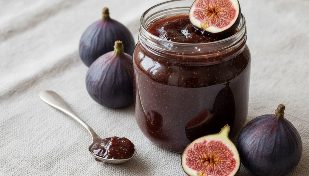 A jar of dark rich fig jam surrounded by fresh whole and halved figs