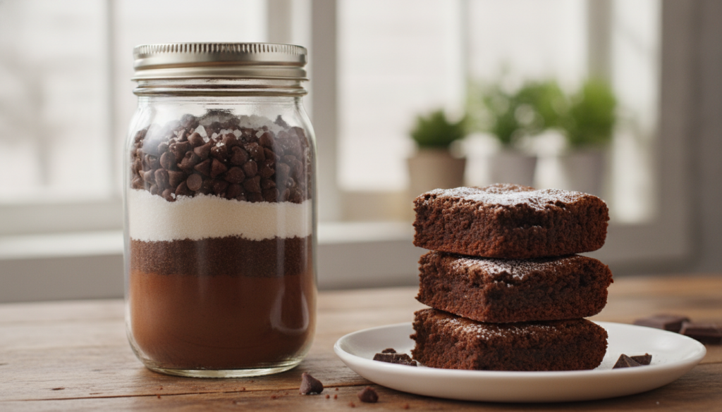 A clear glass mason jar filled with neatly layered dry ingredients for brownie mix showcasing cocoa powder and sugar nex