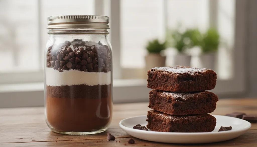 A clear glass mason jar filled with neatly layered dry ingredients for brownie mix showcasing cocoa powder and sugar nex