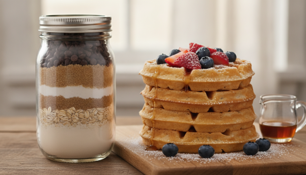 A clear glass mason jar filled with neatly layered dry ingredients for waffle mix next to a stack of crispy golden waffl